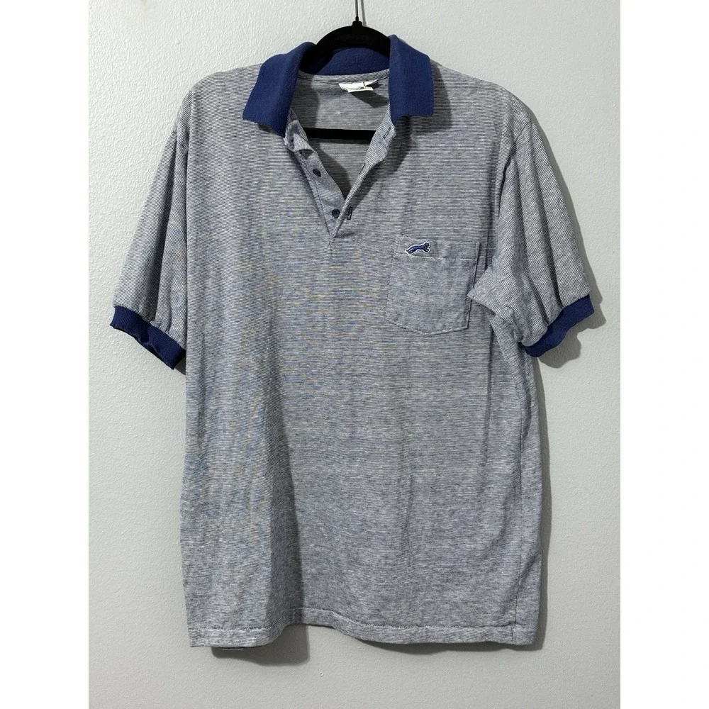 Vtg Men Polo Shirt XL Tall‎ Blue Striped Logo Le Chat USA 80s Preppy Old Money